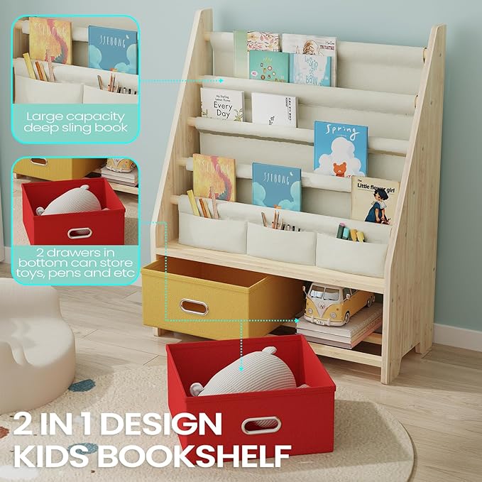 4 Tier Kids Book Shelf, Wooden Kids Book Rack Storage Bookshelf with Toy Storage Organizer, Toddler Sling Bookshelf for Boys, Girls, Play Room, Nursery, Red/Yellow
