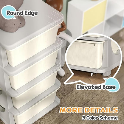Qaba 4 Tier Kids Storage Unit, Toy Organizers and Storage with 4 Drawer Chest for Kids Bedroom Nursery Kindergarten Living Room for Boys Girls Toddlers, Cream White