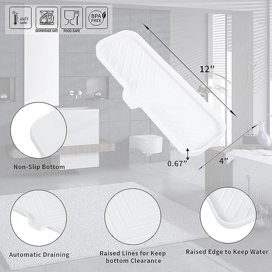 MicoYang Silicone Bathroom Soap Dishes with Drain Spout-Bathroom and Kitchen Sink Organizer,Sponge Holder,Dish Soap Tray,Perfect for Dispenser,Scrubber,Bottle,Cup on Sink or Counter-White 12"×4"
