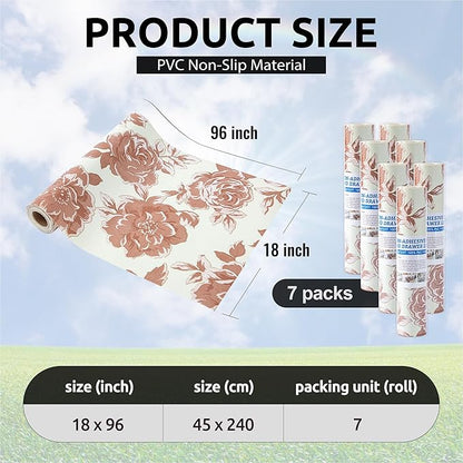 FIFTY FEET 18X96 Inch Shelf Liner for Kitchen Cabinets, PVC Drawer Liner for Dresser Non-Slip Bathroom, Non-Adhesive Cabinet Liner Washable (Red Flower)(7 Roll)