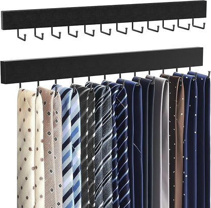 HOMEBROS Tie Rack Wall Mount, Wooden Closet Tie Hanger with 24 Metal Hooks, Large Capacity, Black, 2 Pcs