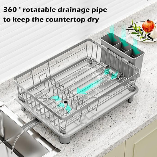 BULIJUJU Small Dish Drying Rack, Space Saving Dish Racks for Kitchen Counter, Kitchen Organizer Dish Drainer with Cutlery Holder for Spoons and Forks, 11''W x 15''L, Gray