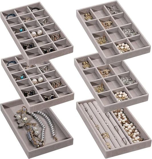 Frebeauty Jewelry Organizer Tray,Stackable Velvet Jewelry Trays,Drawer Inserts Earring Organizer For Women Jewelry Storage Display Case for Rings Stud Necklaces,Set of 6(Grey)