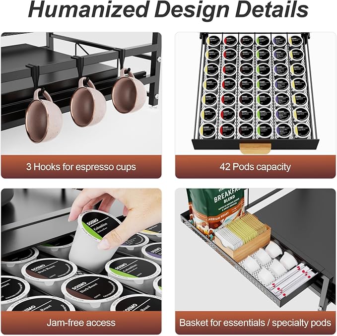 GSlife Sliding Coffee Pod Drawer for Under Cabinet - Large Metal Coffee Maker Rack with Pod Storage Drawer, 42 Pod Capacity, Black