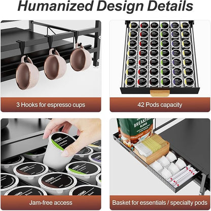GSlife Sliding Coffee Pod Drawer for Under Cabinet - Large Metal Coffee Maker Rack with Pod Storage Drawer, 42 Pod Capacity, Black