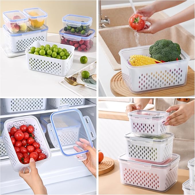 Zmxiabo 3 PCS Fruit Storage Containers for Fridge Food Storage Container Set with Removable Strainer Lid with Strainer Fruit & Vegetable Crisper BPA-Free Plastic Crisper for Long-Term Freshness