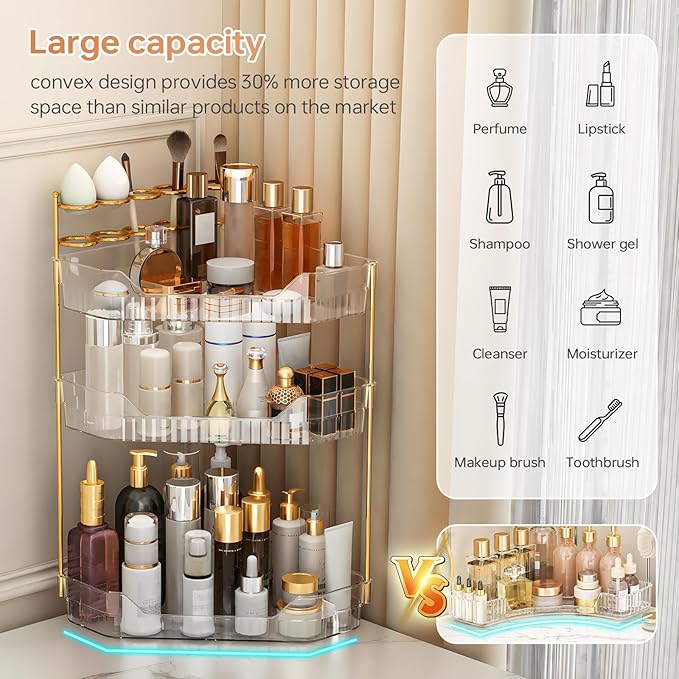 ZZWILLB Corner Bathroom Counter Organizer with Makeup Brush Holder & Toothbrush Holders, Makeup Organizer for Vanity Countertop, Acrylic Skincare Storage Shelf (Clear, 3-Tier)