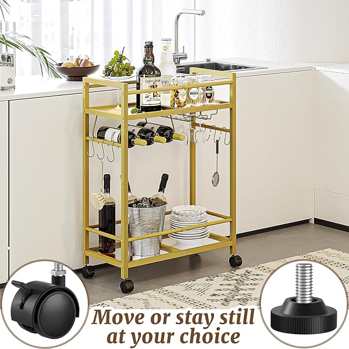 Home Bar Serving Cart, Bar Cart with 2 Mirrored Shelves, MicrowaveCart, Rolling Beverage Cart, Mobile KitchenCart with Wine Rack, Drink Cart for Dinning Room, Living Room, Kitchen, Gold
