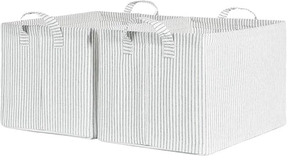 StorageWorks Storage Bins, Fabric Storage Bins for Shelves, Large Storage Baskets with Metal Frame, Closet Baskets and Bins with Handles, Khaki and Beige Stripes, 2-Pack