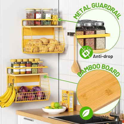 Magnetic Shelf for Fridge with Wood Lid, Fruit Potato and Onion Storage Bins, Pantry Organizers & Storage, Large Container Magnetic Spice Rack for Refrigerator, Kitchen Counter, Cabinet (Yellow, 2)