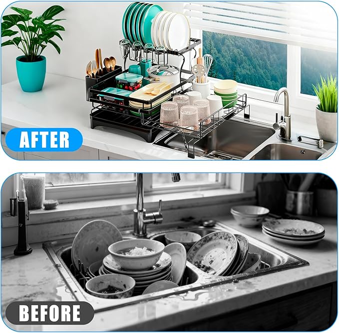 Suouezi Extendable 2 Tier Stainless Steel Dish Drying Rack | Large Over-The-Sink Rust-Resistant Rack | High Capacity with Utensil Holder | Efficient Kitchen Counter Organization & Space Saving