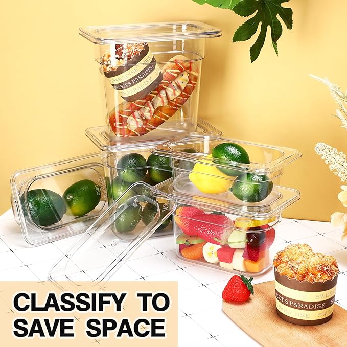Tioncy 12 Pcs 1/9 Size Clear Food Pans with Lids Stackable Plastic Salad Bar Containers Commercial Food Storage Transparent Hotel Pans for Vegetables Fruits Beans Corns 2.5'' 4'' 6'' Deep