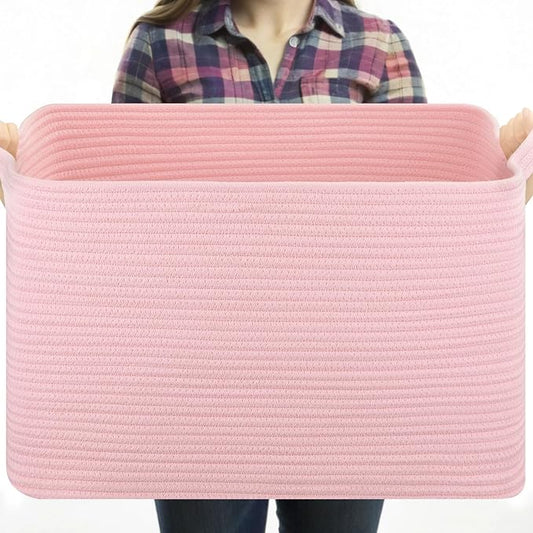 Large Blanket Basket, Blanket Storage Living Room, Rectangle Woven Baskets for Storage Toys, Towels, Dirty Clothes Organizer Bins (Pink)