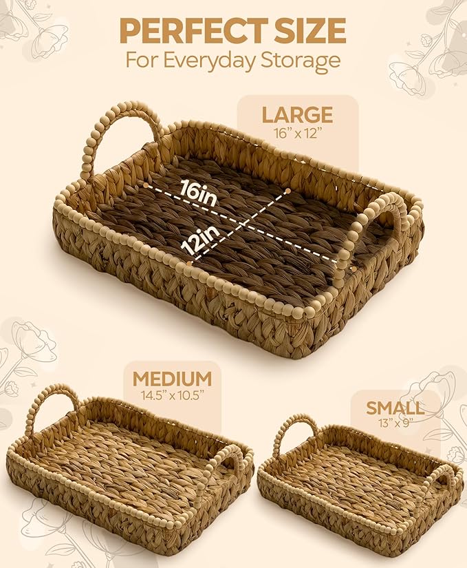 Handwoven Water Hyacinth Storage Baskets for Toilet, Living Room, Nursery Organization - Natural Rectangular Set of 3 Versatile Nesting Baskets with Scalloped Edge Design & Handles