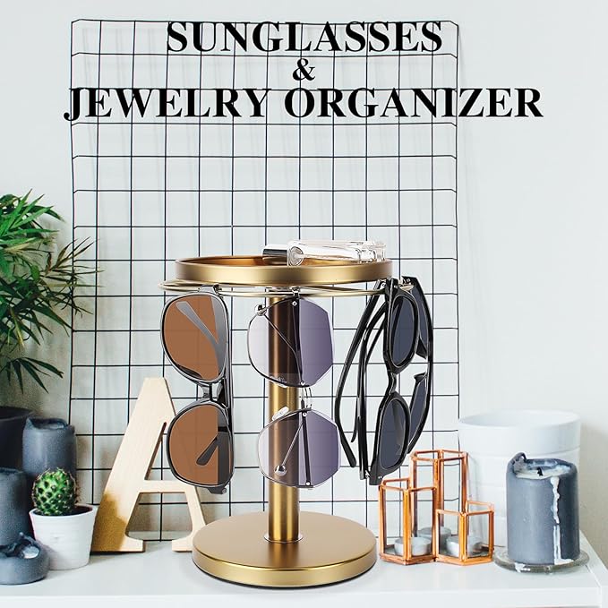 kondyfayo 360° Rotating Sunglass Organizer Storage, Stainless Steel Glasses Holder Stand, Glasses Organizer with Tray for Desk, Dresser, Tabletop, Nightstand and Home Decor (Gold)