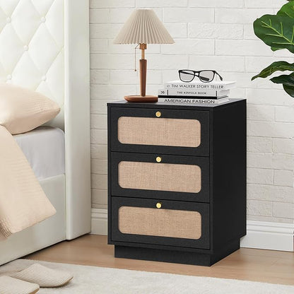 AVZEAR Mid Century Night Stand with 3 Drawers, Farmhouse End Table with Storage & Curved Linen Panel, Modern Nightstands Bedside Table Small Side Table for Small Space,Bedroom(Black)