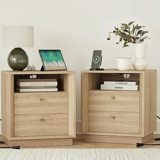 FORTUNETEC Nightstand Set of 2 with Charging Station, Mid Century Modern Nightstand with Wood Grain Texture, Boho End Table with Drawers Storage, Bedside Table for Bedroom Living Room, White Oak