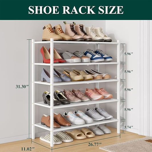 Smiry Bamboo Shoe Rack 5-Tier, Stackable Wooden Shoe Organizer for Entryway & Closet, Free Standing Wood Shoe Storage Shelf for Front Door & Small Spaces, White