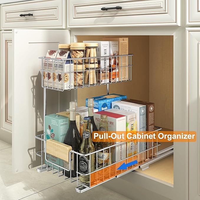 ROOMTEC Pull Out Cabinet Organizer Under Sink Slide Out Storage Shelf with 2 Tier Sliding Wire Drawer, Sliding Storage for Inside Kitchen Cabinet- 11½ in. W x 17¾ in. D (Left)