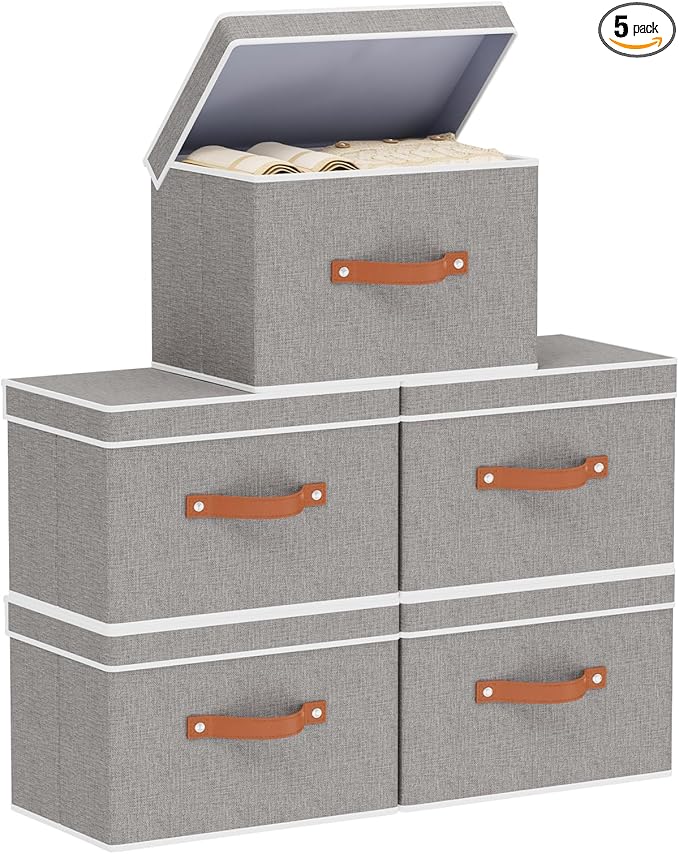 Collapsible Boxes, Linen Foldable Storage Bins with Lids, 15 x 9.8 x 9.8 Inch Storage Baskets with Double Handles, Grey, 5-Pack