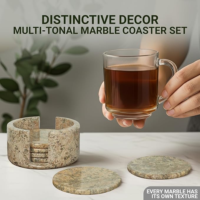 Marble Coaster Set of 6-3.7" Round Marble Drink Coasters, Cork Backing Non-Slip, Office Protect Tables from Stains and Scratches, Coral