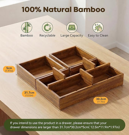 KOCWELL Bamboo Desk Drawer Organizer with Removable Dividers,Multi-Use Office Drawer Organizer Tray,Junk Drawer Organizers for Office,School,Kitchen,Makeup Supply（Carbon Brown）