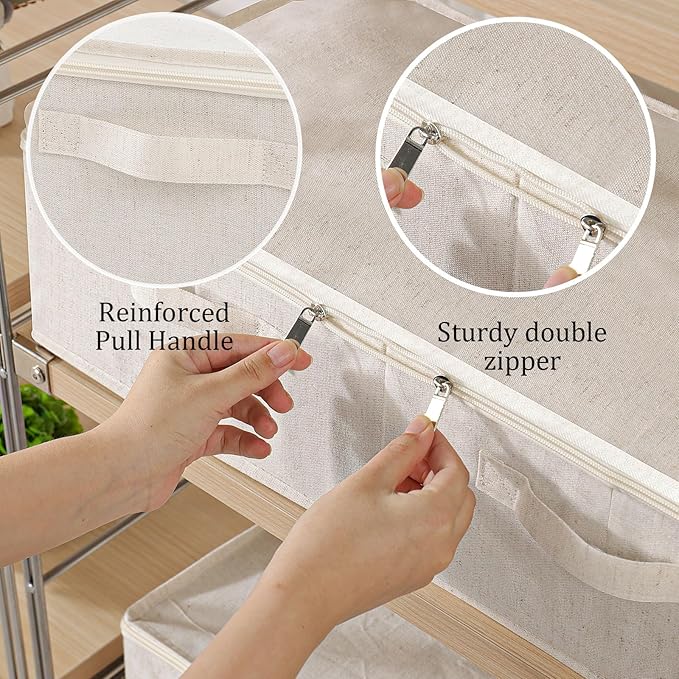 ENUMAIL Underbed Storage Bins Compartment, Foldable Under Bed Boxes Organizer, Cube Container with Lid for Organizing Clothes, Sheets, Blankets, Comforter, 31.4x15.7x5.9in, Beige, 2 Pack