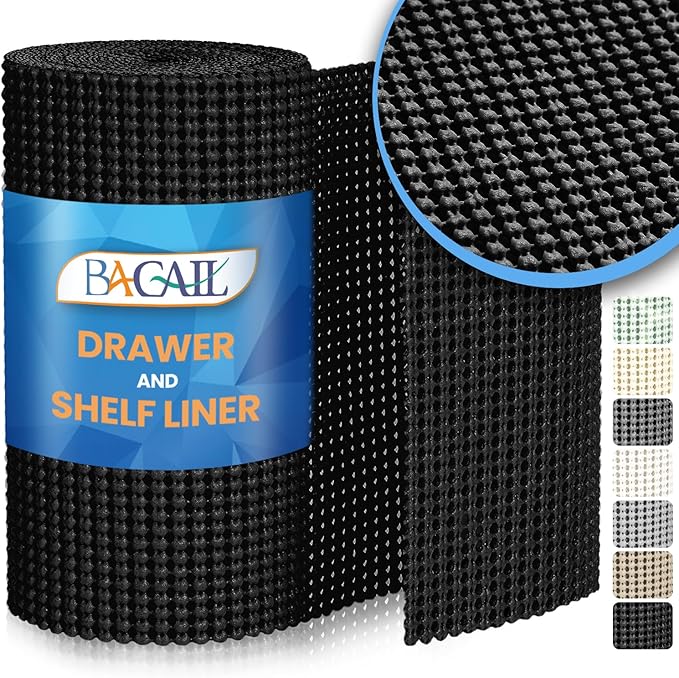 BAGAIL Drawer and Shelf Liner, 20 in X 20 Ft Non-Adhesive Shelf Liners for Kitchen Cabinets, Thick Strong Grip Liners for Desk, Shelves, Bathroom Drawers, Cabinet Protection - Black