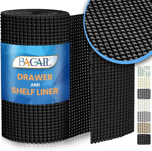 BAGAIL Drawer and Shelf Liner, 17.5 in X 20 Ft Non-Adhesive Shelf Liners for Kitchen Cabinets, Thick Strong Grip Liners for Desk, Shelves, Bathroom Drawers, Cabinet Protection - Black