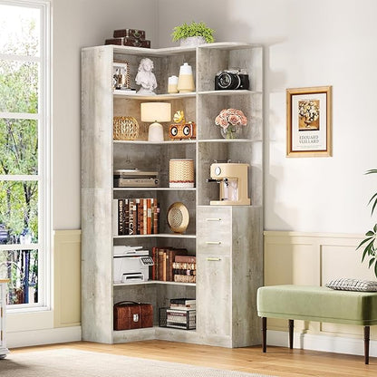IRONCK Corner Bookshelf, 76" Tall Corner Bookshelves, 6 Tiers L-Shaped Bookcase with 10 Open Shelves and 2 Storage Drawers for Living Room or Home Office