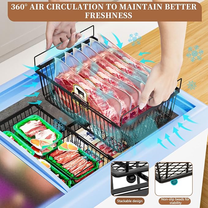 ANJUBAN Large Freezer Organizer Bins，Upgraded Bottom Leak-Proof net，2 Pack， Expandable Stackable Chest Freezer Containers with Handle，for Fridge, Deep Freezer, Cabinet, Kitchen, Pantry (Black-6Pack)