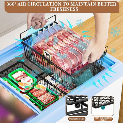 ANJUBAN Large Freezer Organizer Bins，Upgraded Bottom Leak-Proof net，2 Pack， Expandable Stackable Chest Freezer Containers with Handle，for Fridge, Deep Freezer, Cabinet, Kitchen, Pantry (Black-6Pack)