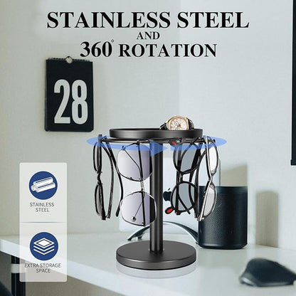 kondyfayo 360° Rotating Sunglass Organizer Storage, Stainless Steel Glasses Holder Stand, Glasses Organizer with Tray for Desk, Dresser, Tabletop, Nightstand and Home Decor(Titanium Black)