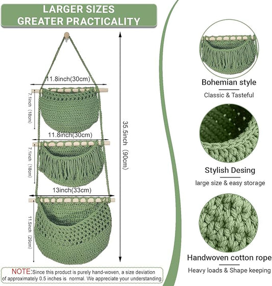 3 Tier Hanging Fruit Baskets for Kitchen, Boho Cotton Rope Handwoven Vegetable Hammock Produce Storage Wall Mounted Large Organizing Basket for Farmhouse Decor, Over The Door, Onion, Potato (Green)