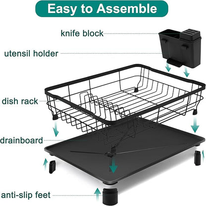 Dish Drying Rack for Kitchen Counter,Space-Saving Dish Rack with Drainboard,Rustproof Countertop Dish Drainer with Utensil Holder for Sink,Black