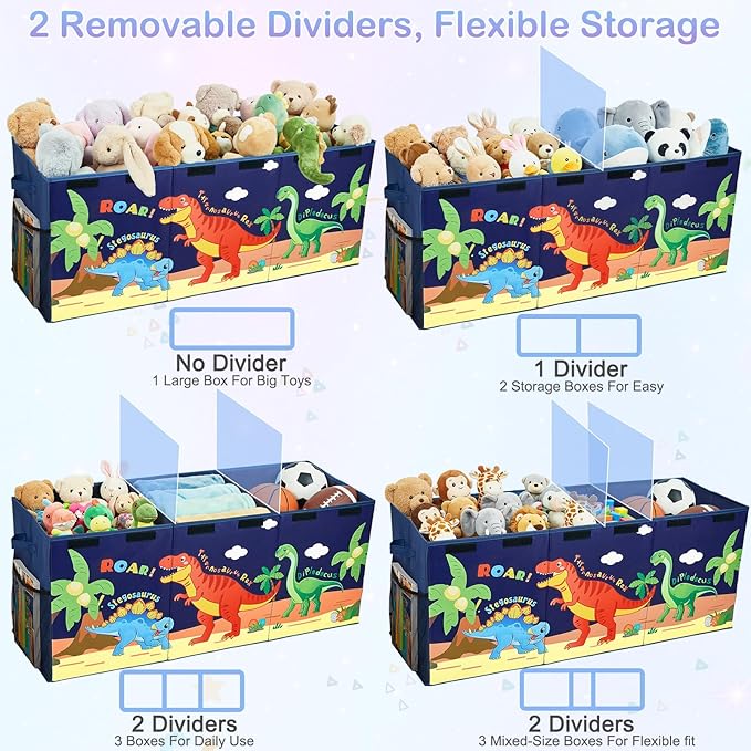 Unicorn Castle Toy Box with Adjustable Divider Toy Chest Storage Large Toy Storage Organizer Bin Collapsible with Lid Pockets for Nursery Playroom,Dark Blue Dinosaur