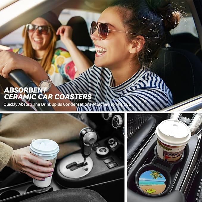 Beach Ocean Palm Tree Starfish Flip Flops Car Cup Holder Coaster 2 Pack Absorbent Ceramic Car Coasters for Cup Holders Car Accessories Interior Anti Slip Cork Base Cup Coasters with Finger Notch