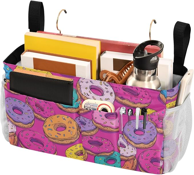 CuwrYet Bedside Caddy Hanging Bunk Bed Caddy Bed Organizer Hanging Pocket with 2 Hooks Bedside Storage Organizer Pocket Bag Holder Cute Donuts Colorful