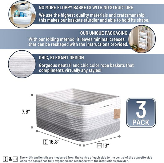 NaturalCozy Storage Baskets 16.8”x13”x7.6” Cotton Rope Woven Baskets for Organizing 3-Pack | Toy Storage Bins | Basket for Shelves, Laundry, Blanket, Clothes, Closet, Kitchen, Bathroom, Gifts