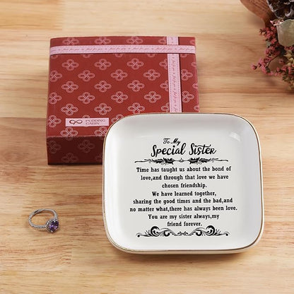 PUDDING CABIN Birthday Gifts from Sister -“You are My Sister Always, My Friend Forever, Ring Trinket Jewelry Dish Ring Holder, Christmas Gifts