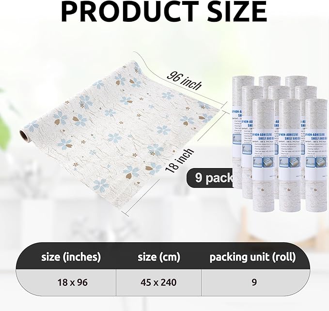 RAY STAR 18X96 Inch Shelf Liner for Kitchen Cabinets, Non-Adhesive Cabinet Liner Washable, PVC Drawer Liner for Dresser Non-Slip Bathroom (Floral)(9 Roll)