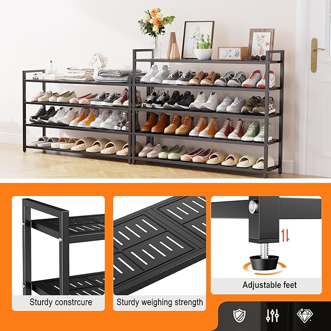 4-Tier Heavy Duty Metal Shoe Rack, 200 lbs Load Capacity Shoe Organizer with Reinforced Steel Tubes, No-Wobble Free Standing Shoe Shelf for Entryway, Closet, Bedroom, Dorm – Easy Assembly, Black