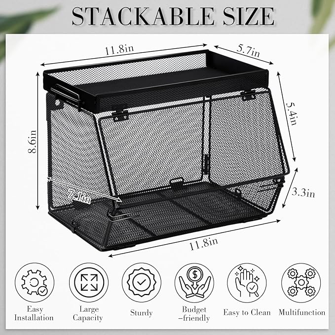 2 Pcs Stackable Mesh Fruit Basket with Lid Wall Produce Vegetable Storage Basket Onion Potato Snack Hanging Metal Wire Container for Kitchen Counter Pantry(Removable,Black,7.1" w & 11.8" l)
