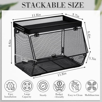 2 Pcs Stackable Mesh Fruit Basket with Lid Wall Produce Vegetable Storage Basket Onion Potato Snack Hanging Metal Wire Container for Kitchen Counter Pantry(Removable,Black,7.1" w & 11.8" l)