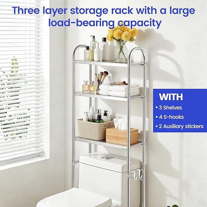 NEMOSUPERY Over The Toilet Storage Cabinet,Stainless Steel Bathroom Shelf,Over Toilet Bathroom Organizer,3-Tier Metal Bathroom Shelves
