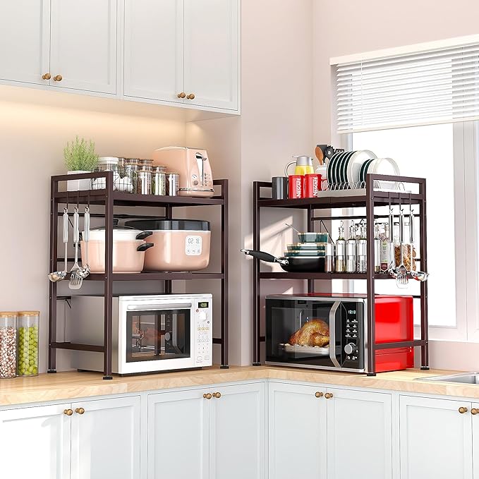 PUSDON Microwave Oven Rack, Adjustable Heavy Duty 3-Tier Shelf with 3 Hooks for Kitchen Counter Top Organizer, Holds 160lbs, Bronze