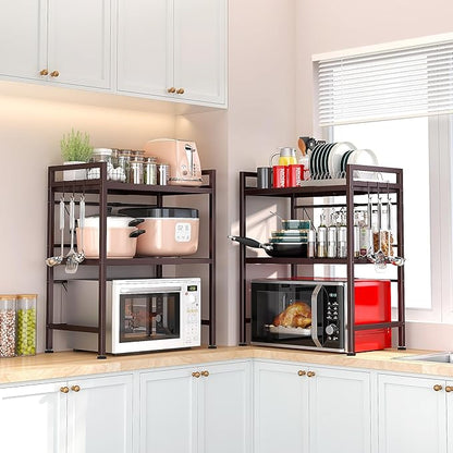 PUSDON Microwave Oven Rack, Adjustable Heavy Duty 3-Tier Shelf with 3 Hooks for Kitchen Counter Top Organizer, Holds 160lbs, Bronze