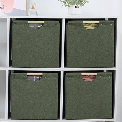 HOONEX Large Collapsible Storage Bins, Linen Fabric, Pack of 2, Storage Baskets with Wooden Carry Handles and Sturdy Heavy Cardboard, for Home, Office, Car, Nursery, Olive