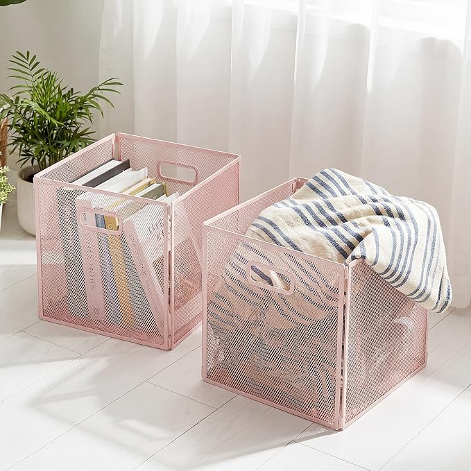 2 Pcs Foldable Metal Cube Storage Baskets 13" x 13" Pink Kitchen Wire Baskets Stackable Mesh Laundry Organizer Bin with Handles for Shelves Kitchen Pantry Cabinets Closet Food
