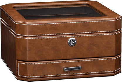 ROTHWELL 6 Slot Leather Watch Box with Valet Drawer - Luxury Case Display Organizer, Microsuede Liner, Locking Mens Jewelry Watches Holder, Men's Watch Storage Large Glass Top (Tan/Brown)